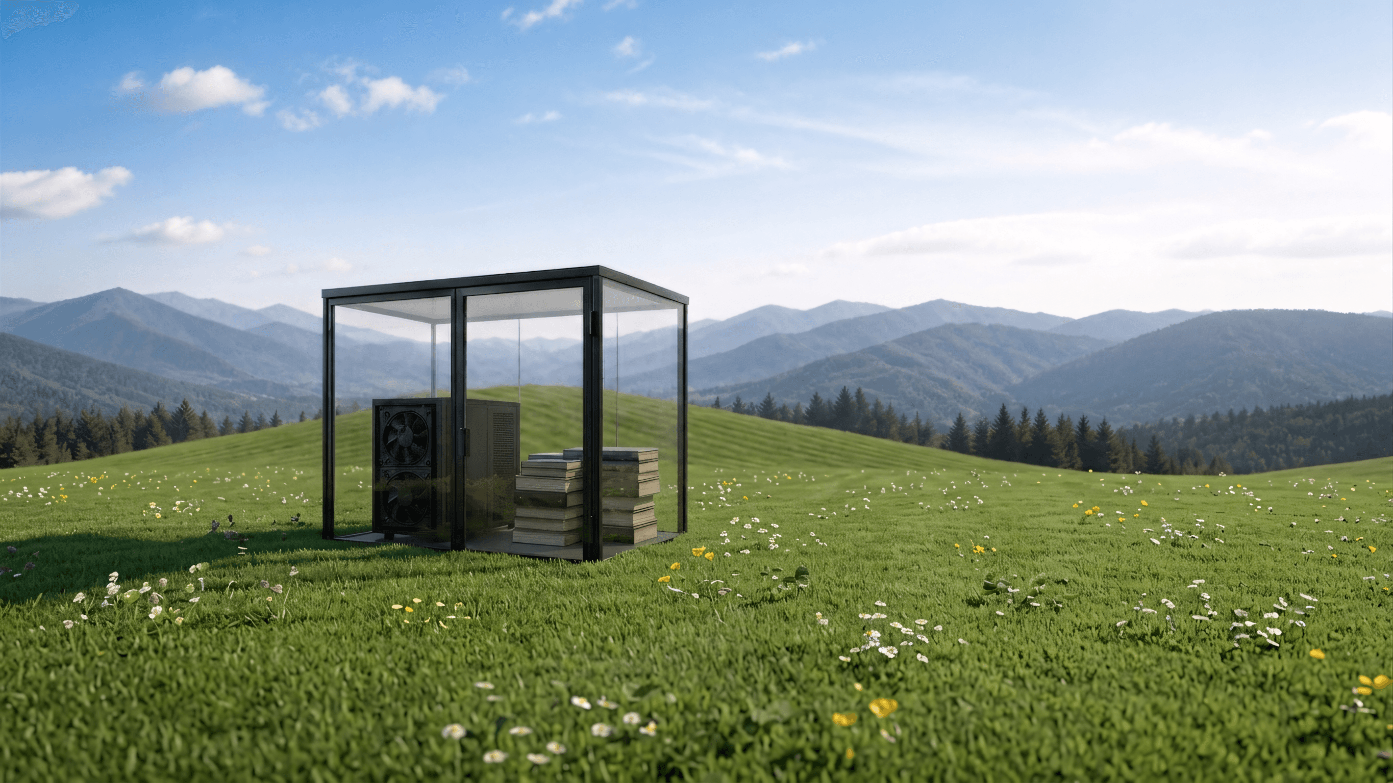 A glass-walled server case holding local hardware and documents, standing in a grass field under an open sky.